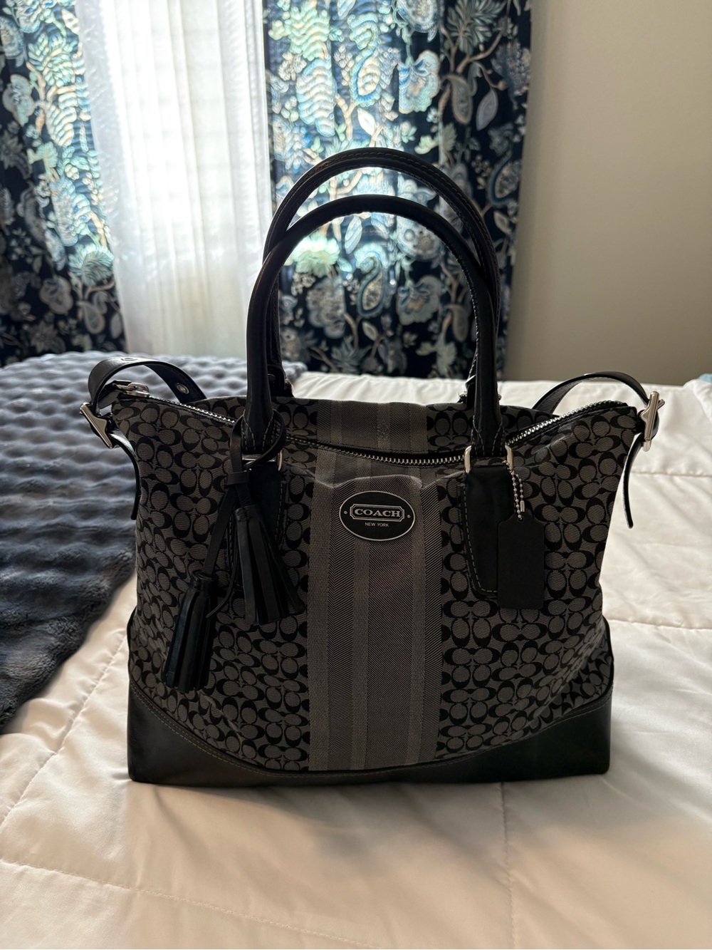 Coach Black and Gray Signature Stripe Shoulder Bag
